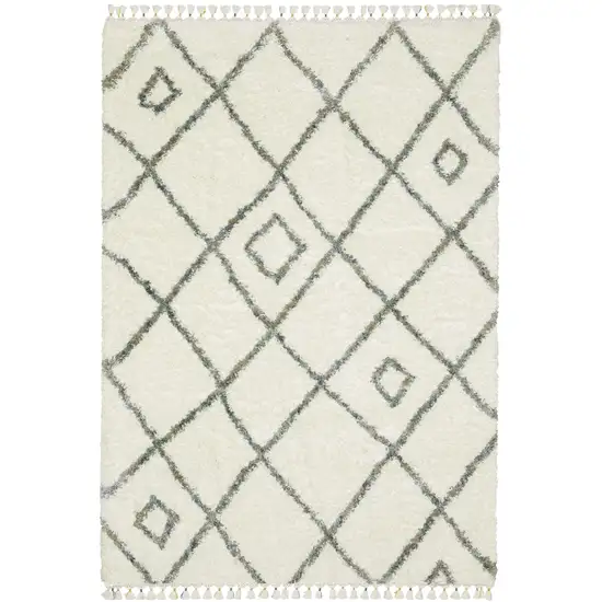 Ivory Gray And Tan Diamond Shag Area Rug With Fringe Photo 2