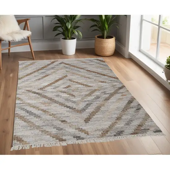 Gray and Ivory Geometric Hand Woven Area Rug With Fringe Photo 1