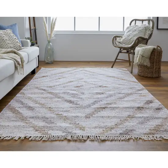 Ivory Gray And Tan Geometric Hand Woven Stain Resistant Area Rug With Fringe Photo 6