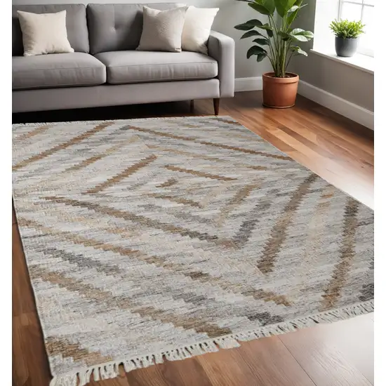 Gray and Ivory Geometric Hand Woven Area Rug With Fringe Photo 1