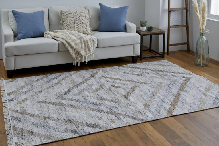 Ivory Gray And Tan Geometric Hand Woven Stain Resistant Area Rug With Fringe Photo 5