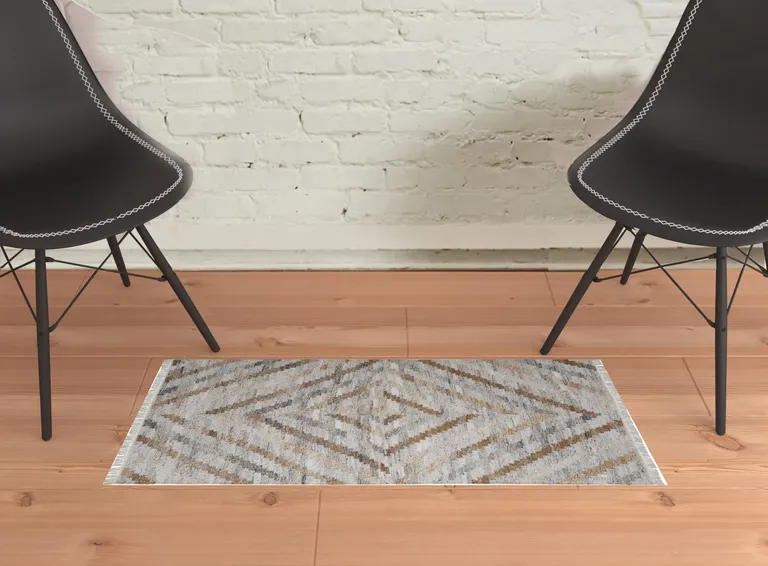 Ivory Gray And Tan Geometric Hand Woven Stain Resistant Area Rug With Fringe Photo 2