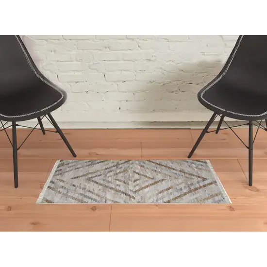 Ivory Gray And Tan Geometric Hand Woven Stain Resistant Area Rug With Fringe Photo 2