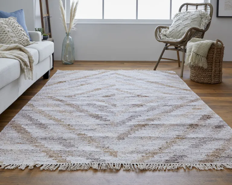 Ivory Gray And Tan Geometric Hand Woven Stain Resistant Area Rug With Fringe Photo 4