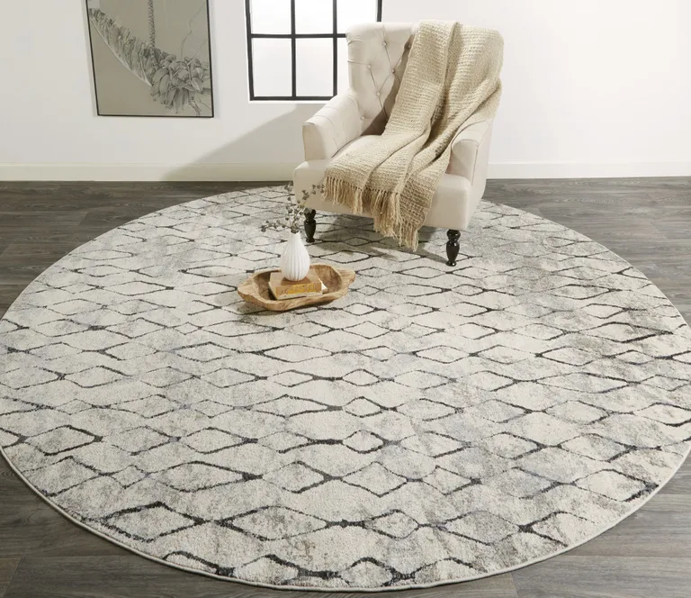 Ivory Gray And Taupe Round Abstract Stain Resistant Area Rug Photo 5