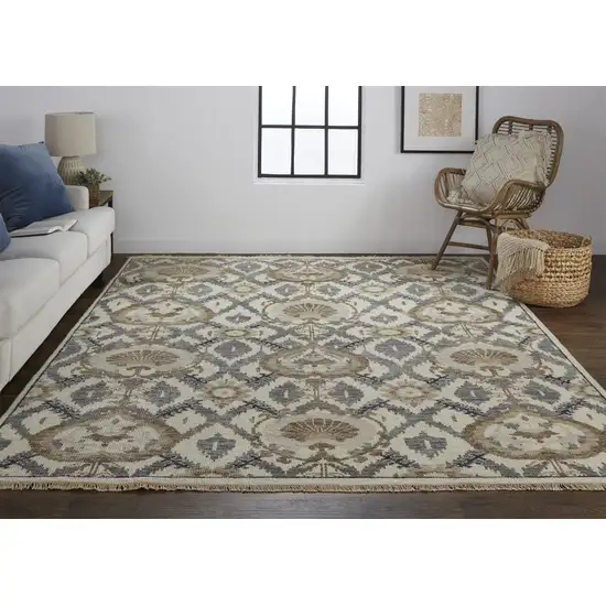 Ivory Gray And Taupe Wool Floral Hand Knotted Stain Resistant Area Rug Photo 2