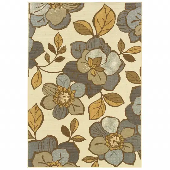 Ivory Gray Large Floral Blooms Indoor Outdoor Area Rug Photo 1