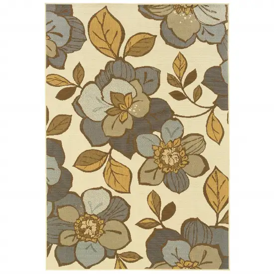 Ivory Gray Large Floral Blooms Indoor Outdoor Area Rug Photo 3
