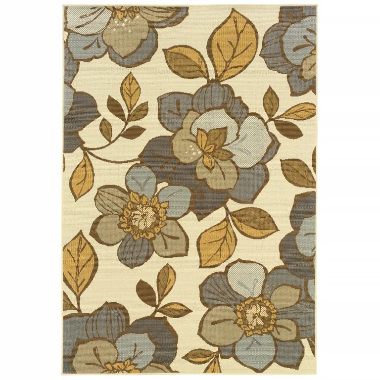 Ivory Gray Large Floral Blooms Indoor Outdoor Area Rug Photo 1