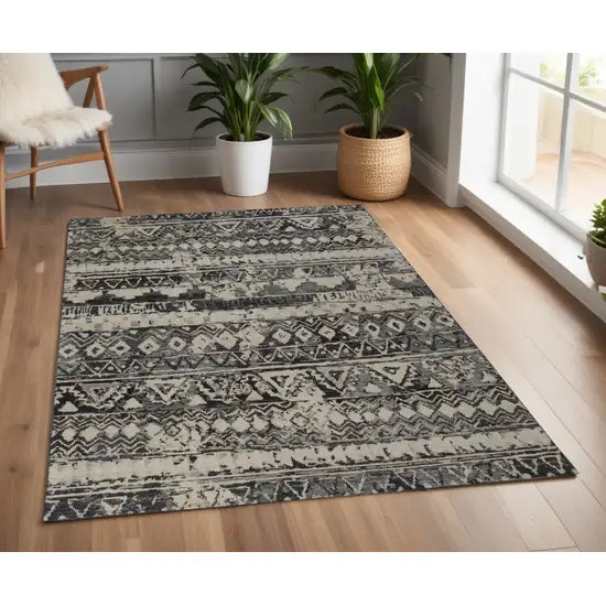 Ivory Gray and Black Wool Geometric Hand Knotted Area Rug Photo 1