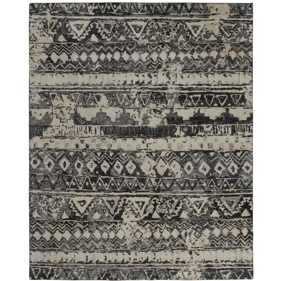 Ivory Gray and Black Wool Geometric Hand Knotted Area Rug Photo 5