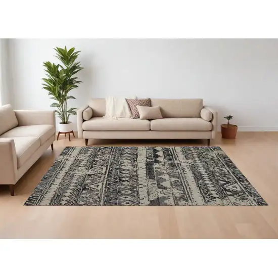 Ivory Gray and Black Wool Geometric Hand Knotted Area Rug Photo 1