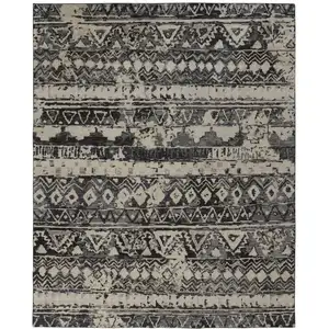 Photo of Ivory Gray and Black Wool Geometric Hand Knotted Area Rug