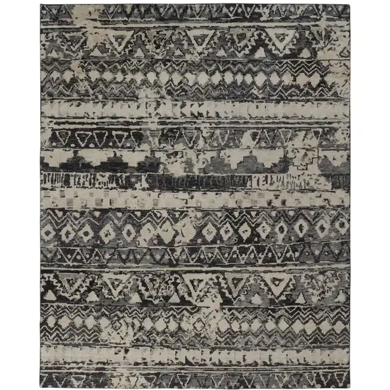 Ivory Gray and Black Wool Geometric Hand Knotted Area Rug Photo 4