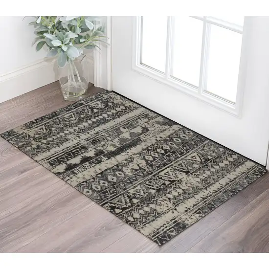 Ivory Gray and Black Wool Geometric Hand Knotted Area Rug Photo 1