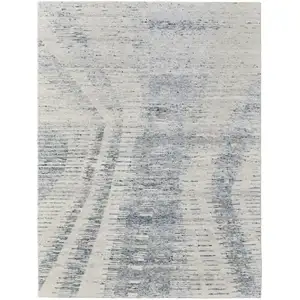 Photo of Ivory Gray and Blue Abstract Hand Knotted Worn Faded Area Rug