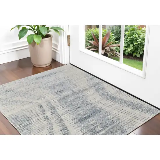 Ivory Gray and Blue Abstract Hand Knotted Worn Faded Area Rug Photo 1