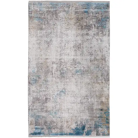 Ivory Gray and Blue Abstract Power Loom Area Rug With Fringe Photo 5