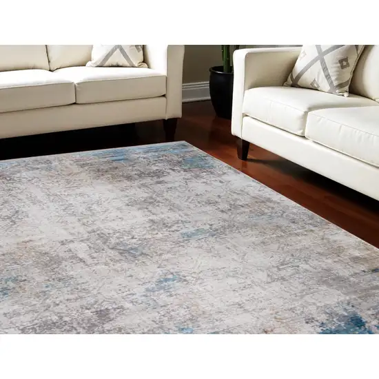 Ivory Gray and Blue Abstract Power Loom Area Rug With Fringe Photo 1