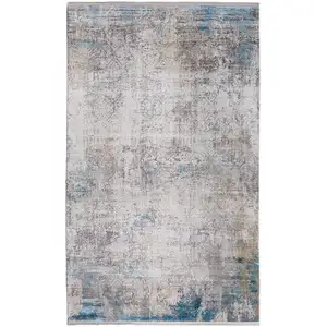 Photo of Ivory Gray and Blue Abstract Power Loom Area Rug With Fringe