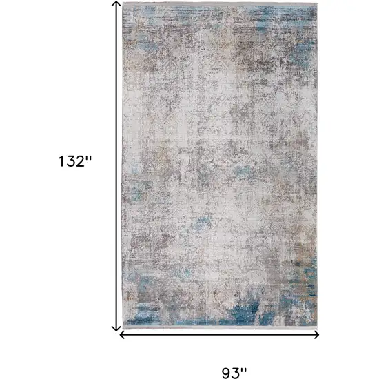 Ivory Gray and Blue Abstract Power Loom Area Rug With Fringe Photo 3