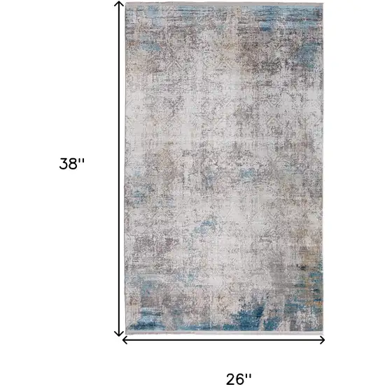 Ivory Gray and Blue Abstract Power Loom Area Rug With Fringe Photo 2