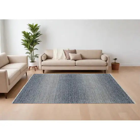 Ivory Gray and Blue Wool Hand Knotted Area Rug With Fringe Photo 1