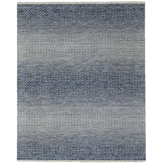 Ivory Gray and Blue Wool Hand Knotted Area Rug With Fringe Photo 4