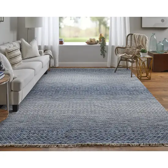 Ivory Gray and Blue Wool Hand Knotted Area Rug With Fringe Photo 8