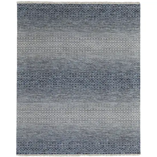 Ivory Gray and Blue Wool Hand Knotted Area Rug With Fringe Photo 5