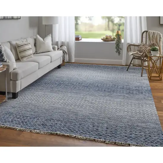 Ivory Gray and Blue Wool Hand Knotted Area Rug With Fringe Photo 7