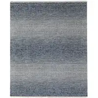 Photo of Ivory Gray and Blue Wool Hand Knotted Area Rug With Fringe