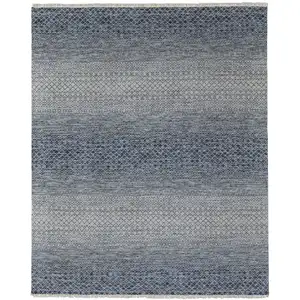 Photo of Ivory Gray and Blue Wool Hand Knotted Area Rug With Fringe