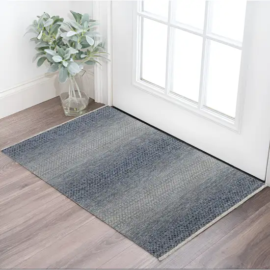 Ivory Gray and Blue Wool Hand Knotted Area Rug With Fringe Photo 1