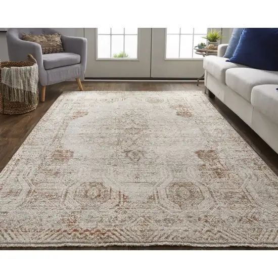 Ivory Gray and Brown Abstract Power Loom Worn Faded Area Rug With Fringe Photo 8