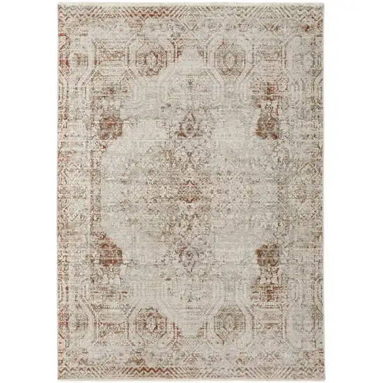 Ivory Gray and Brown Abstract Power Loom Worn Faded Area Rug With Fringe Photo 2