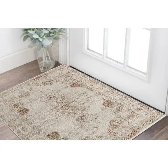 Ivory Gray and Brown Abstract Power Loom Worn Faded Area Rug With Fringe Photo 1