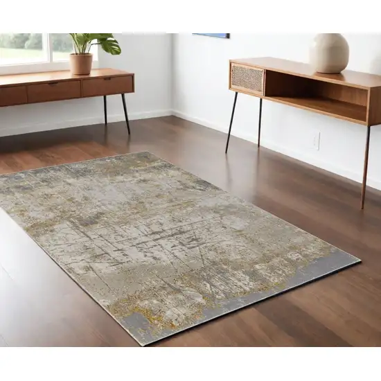 Ivory Gray and Brown Abstract Power Loom Worn Faded Area Rug Photo 2