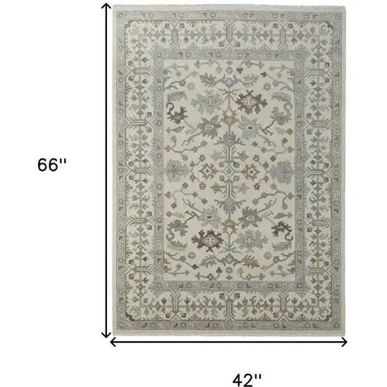 Ivory Gray and Brown Wool Floral Hand Knotted Area Rug With Fringe Photo 3