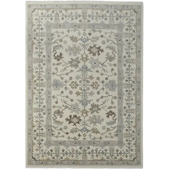 Ivory Gray and Brown Wool Floral Hand Knotted Area Rug With Fringe Photo 2