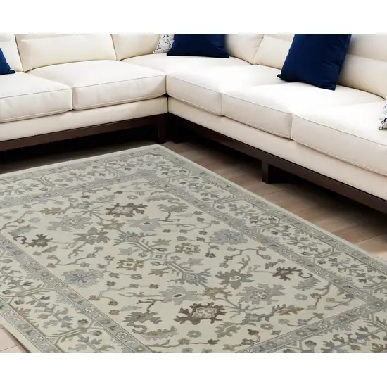 Ivory Gray and Brown Wool Floral Hand Knotted Area Rug With Fringe Photo 1