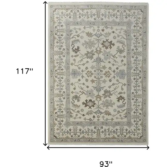 Ivory Gray and Brown Wool Floral Hand Knotted Area Rug With Fringe Photo 4