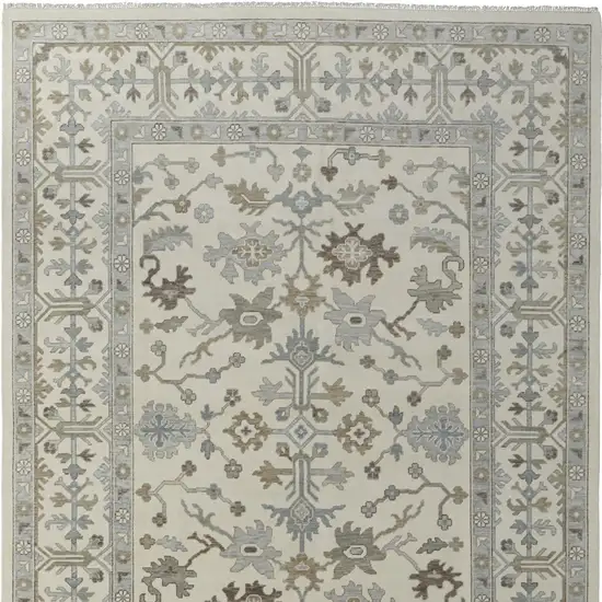 Ivory Gray and Brown Wool Floral Hand Knotted Area Rug With Fringe Photo 5