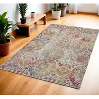 Photo of Ivory Gray and Orange Floral Distressed Non Skid Area Rug