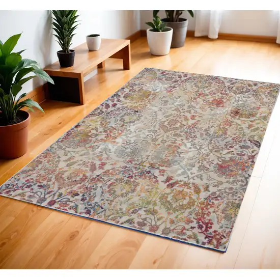 Ivory Gray and Orange Floral Distressed Non Skid Area Rug Photo 1