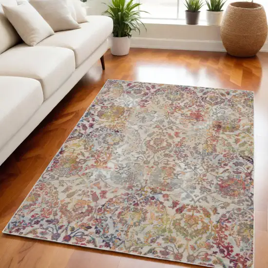 Ivory Gray and Orange Floral Distressed Non Skid Area Rug Photo 1