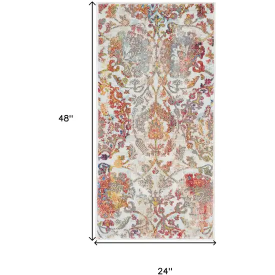 Ivory Gray and Orange Floral Distressed Non Skid Area Rug Photo 3