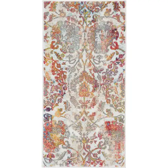 Ivory Gray and Orange Floral Distressed Non Skid Area Rug Photo 2