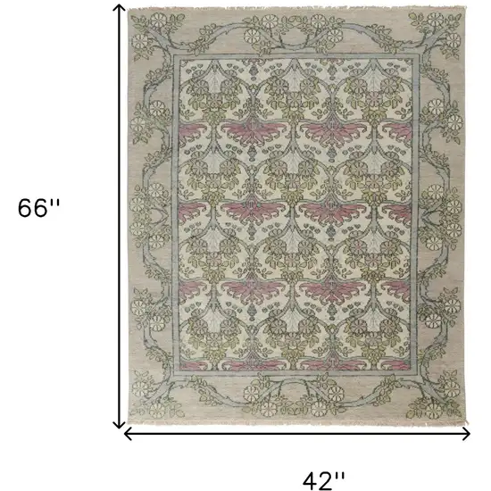 Ivory Gray and Pink Wool Floral Hand Knotted Area Rug Photo 3