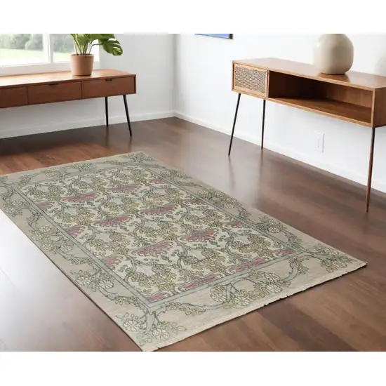 Ivory Gray and Pink Wool Floral Hand Knotted Area Rug Photo 1